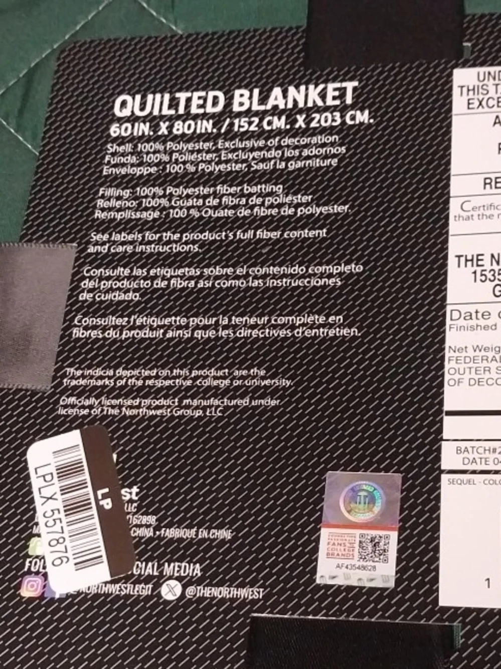 Quilted Blanket - Green/Cream Colorado State Rams 60x80